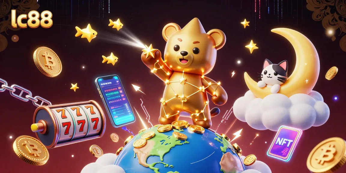 Engage with lc88's vibrant casino adventure, featuring dazzling characters scooping coins amidst a cosmic gaming scene.