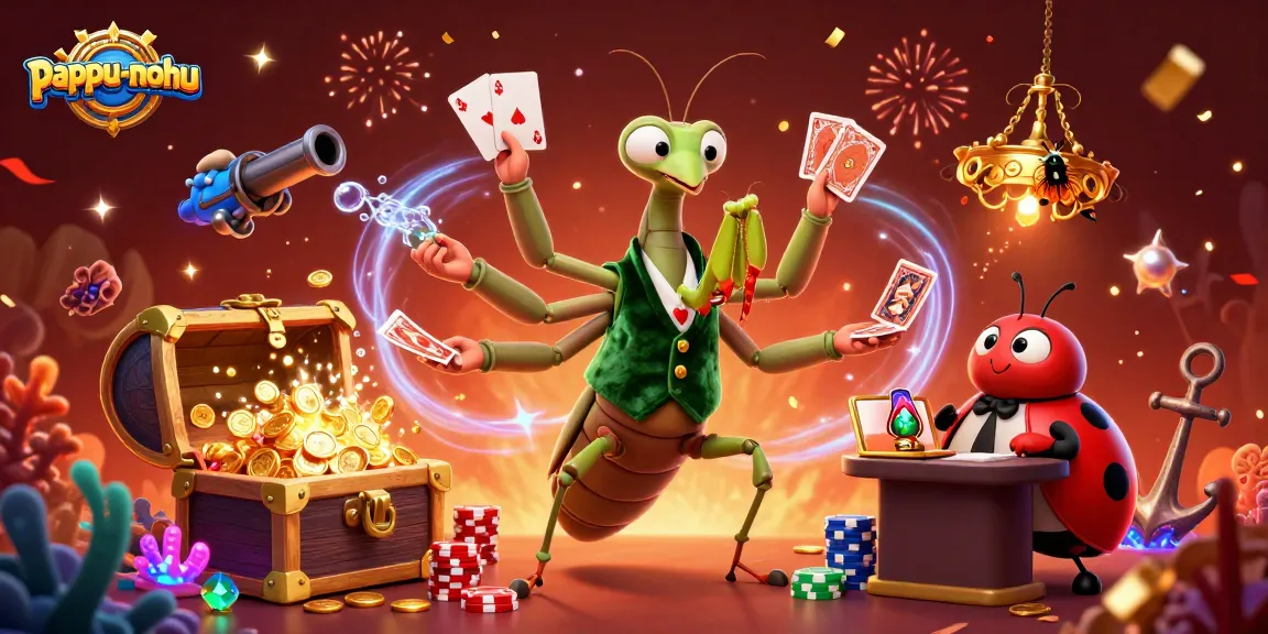 Pappu-nohu game illustration showcasing a vibrant gambling scene with a giant mantis dealer and ladybug pit boss.