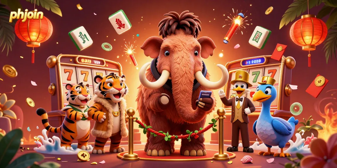 Engage with phjoin's vibrant gaming scene featuring a mammoth bouncer, a VIP tiger, and a dodo doorman.