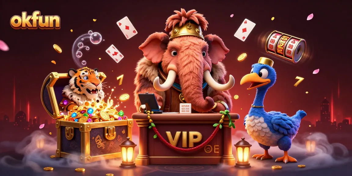Experience the excitement at okfun's casino with a dazzling illustration depicting fun characters and vibrant games.