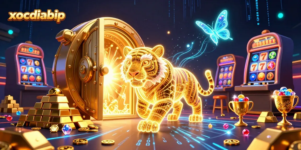 xocdiabip showcases a glamorous casino scene with a neon tiger and sparkling slot machines.