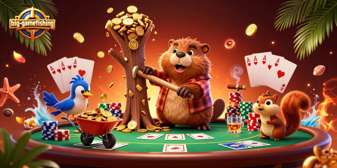 Experience big-gamefishing action with a beaver, bird, and squirrel collecting golden coins at a poker table.
