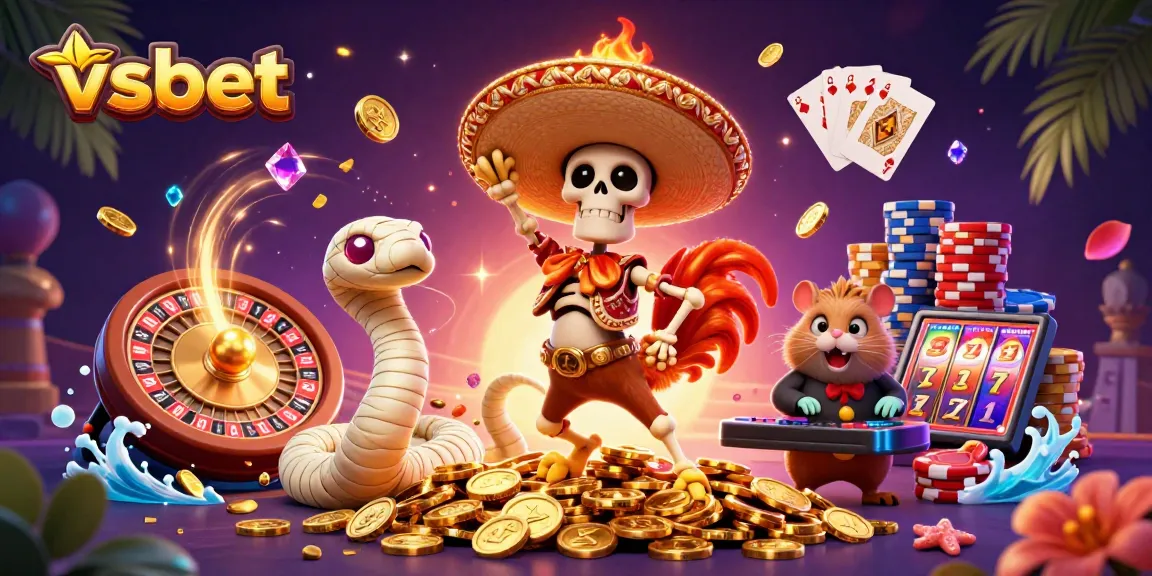 Engage in thrilling wins at vsbet with a colorful casino scene featuring a mariachi rooster and a mummy snake.
