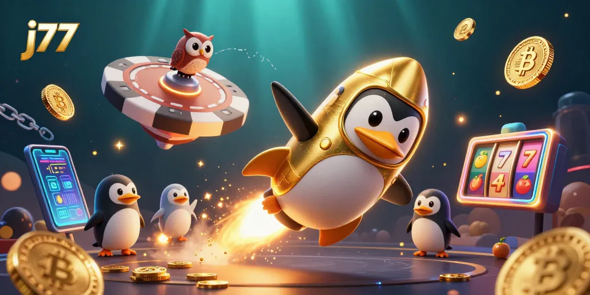 Spin and win with J77's vibrant casino elements, showcasing a dynamic penguin in a gaming universe.