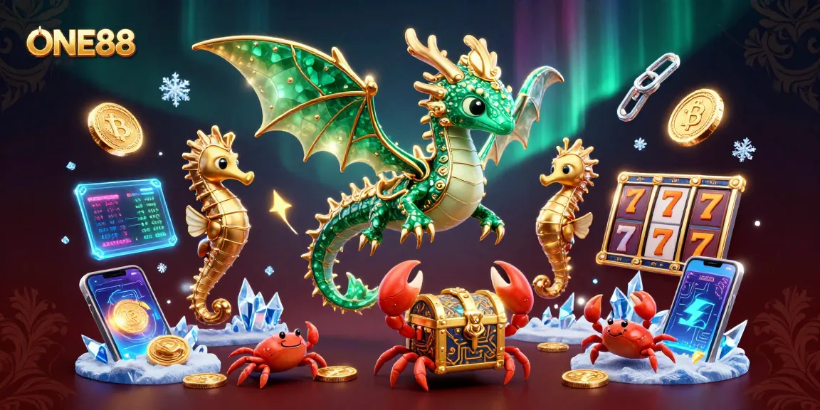 Engage in thrilling action at ONE88 with a vibrant 3D scene featuring dragons, cryptocurrencies, and slot elements.